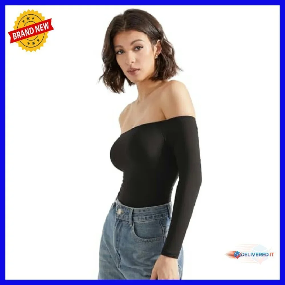 Off Shoulder Long Sleeve Bodysuit Double Lined Thong 4-Way Stretch